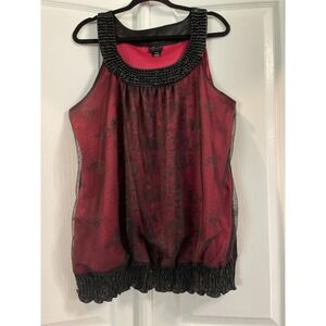 Torrid Sleeveless Shirt Womens 2X Red‎ Black Beaded Collar Sheer Chiffon Tank